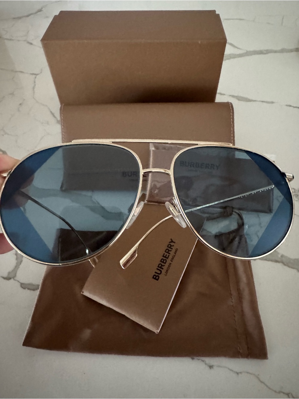 Burberry Aviator Sunglasses in Blue Lenses with Gold Frame